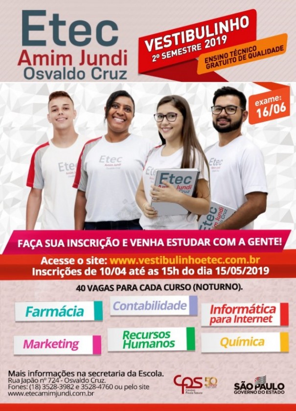 Centro Paula Souza divulga calendrio do Vestibulinho 2 semestre/2019