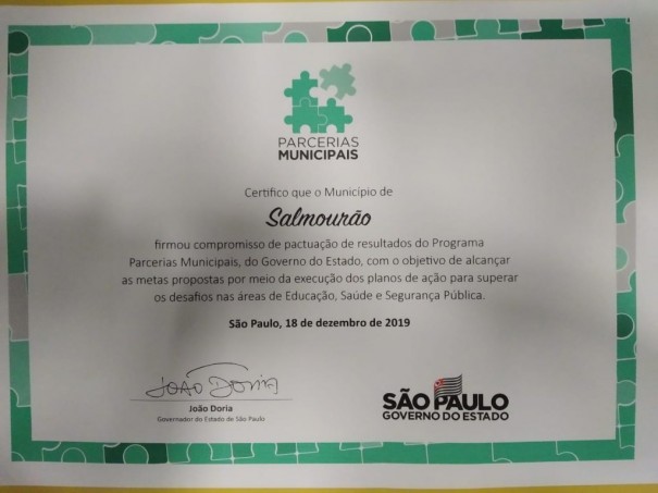 Salmouro recebe o selo do Programa Parcerias Municipais do Governo do Estado de So Paulo