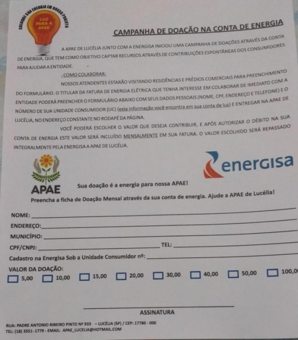 APAE de Lucia lana Campanha visando conseguir colaborao atravs da Conta de Energia Eltrica