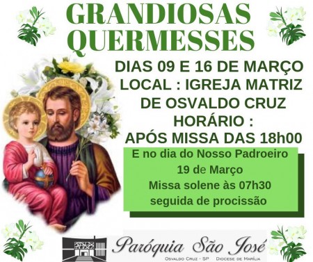 Quermesse em louvor a São José acontece nos dias 09 e 16 de março