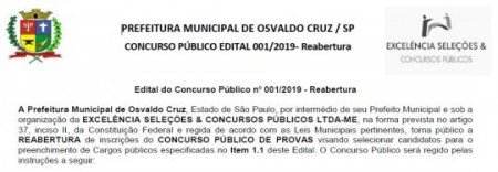 Instituto Excelência republica edital do Concurso Público da Prefeitura de OC