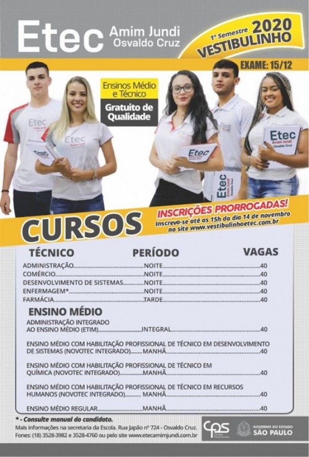 Inscries para o Vestibulinho 1 Semestre 2020 da Etec Amim Jundi so prorrogadas