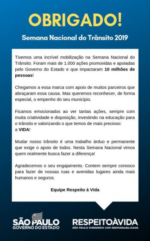 Prefeitura de OC recebe do Governo do Estado comunicado de reconhecimento pelas aes da Semana Nacional de Trnsito