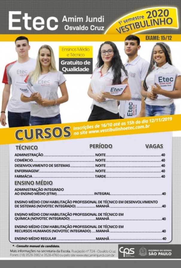 Etec Amim Jundi abre inscries para Vestibulinho 1 Semestre 2020