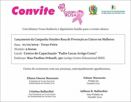 Fundo Social de Solidariedade de Osvaldo Cruz lança a Campanha Outubro Rosa 2019