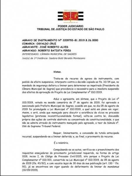 Justiça acata pedido no recurso de agravo de instrumento da Câmara de Sagres e a Lei do Regime Estatutário continua em vigor