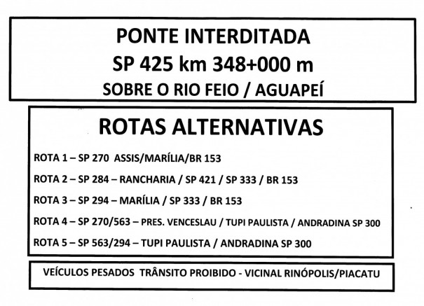 DER sugere rotas alternativas devido  interdio da ponte sobre o Rio Aguape