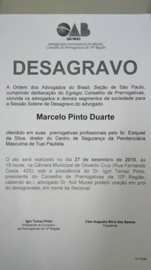 OAB de Osvaldo Cruz realiza primeira Sesso de Desagravo