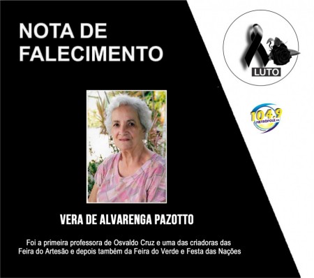 NOTA DE FALECIMENTO: Morre a Professora Vera Pazotto