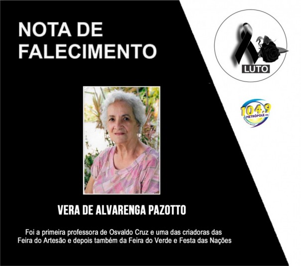 NOTA DE FALECIMENTO: Morre a Professora Vera Pazotto