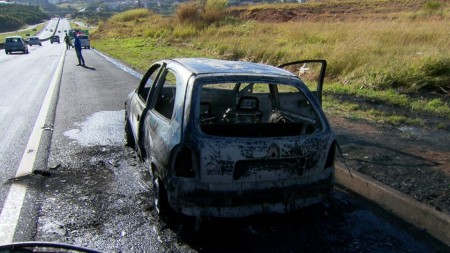 Carro pega fogo e incêndio atinge vegetação na SP-294