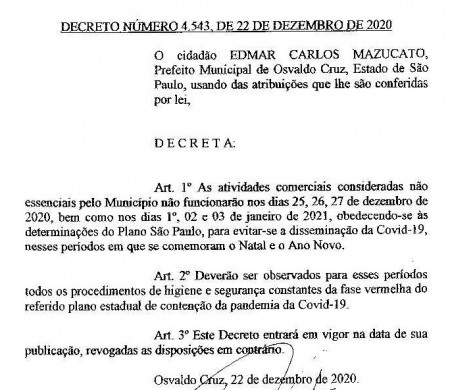 Prefeitura de Osvaldo Cruz adequa medidas locais ao Plano São Paulo de enfrentamento à pandemia