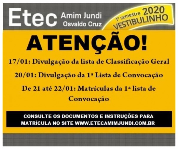 Lista de classificao geral do Vestibulinho da Etec Amim Jundi ser divulgada nesta sexta-feira