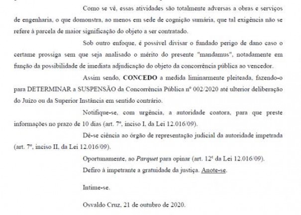 Justia manda suspender licitao da zona azul em Osvaldo Cruz