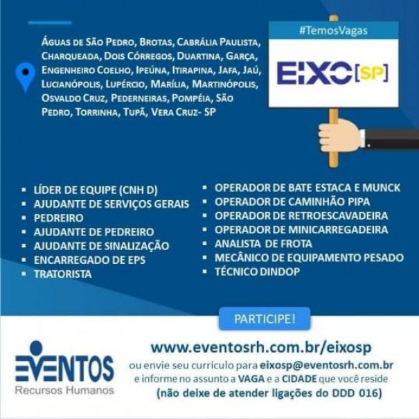 EIXO-SP est com vagas de emprego disponveis na regio