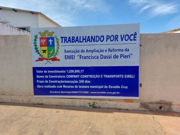 Prefeitura de Osvaldo Cruz inicia obras de ampliao e reforma da EMEI 'Francisca Dassi de Pieri'