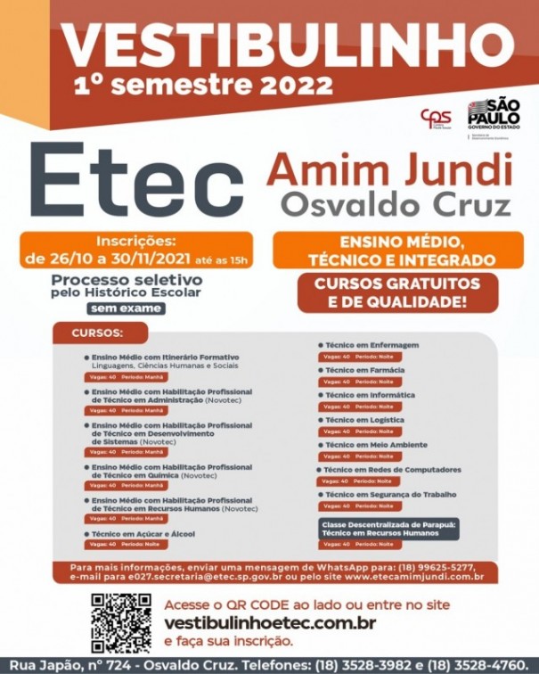 Etec Amim Jundi est com inscries abertas para o Vestibulinho 1 semestre 2022