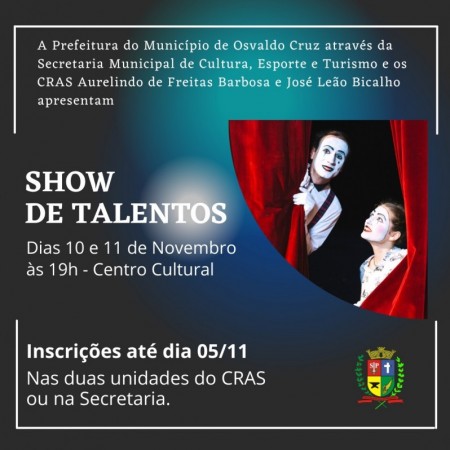 Secretaria de Cultura e CRAS promovem Show de Talentos: inscrições estão abertas