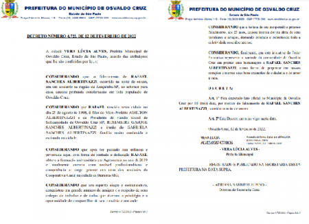 Prefeitura de Osvaldo Cruz decretou luto oficial de 3 dias pela morte do filho do vice-prefeito