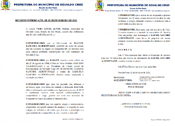 Prefeitura de Osvaldo Cruz decretou luto oficial de 3 dias pela morte do filho do vice-prefeito