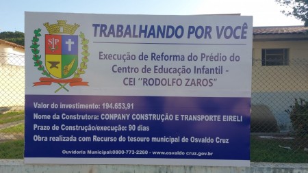 Prefeitura de Osvaldo Cruz inicia reforma da CEI Rodolfo Zaros