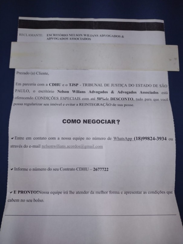 Diretoria de Habitao de OC alerta muturios da CDHU quanto a uma tentativa de golpe