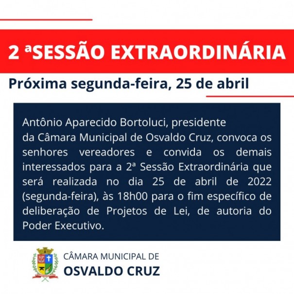 Cmara de Osvaldo Cruz realiza Sesso Extraordinria nesta segunda-feira (25)