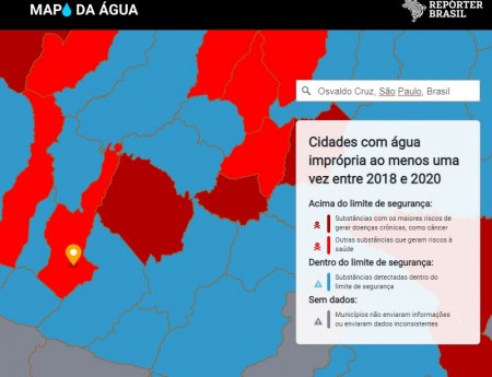 Pesquisa da ONG Repórter Brasil aponta que Osvaldo Cruz apresentou água com substâncias que podem gerar câncer, além de outros riscos à saúde