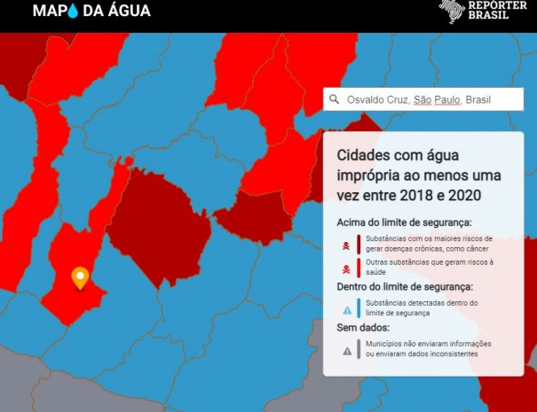 Pesquisa da ONG Reprter Brasil aponta que Osvaldo Cruz apresentou gua com substncias que podem gerar cncer, alm de outros riscos  sade