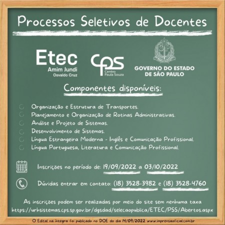 Etec Amim Jundi de OC está com inscrições abertas para Processos Seletivos de Docentes