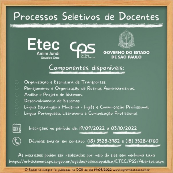 Etec Amim Jundi de OC est com inscries abertas para Processos Seletivos de Docentes