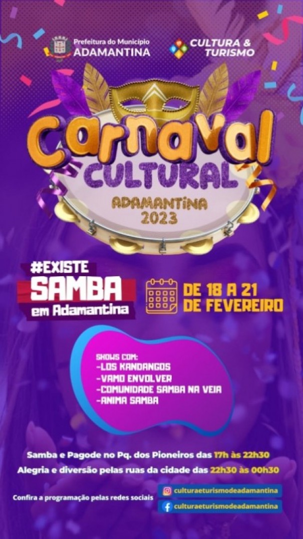 Adamantina ter Carnaval Cultural de 18 a 21 de fevereiro no Parque dos Pioneiros