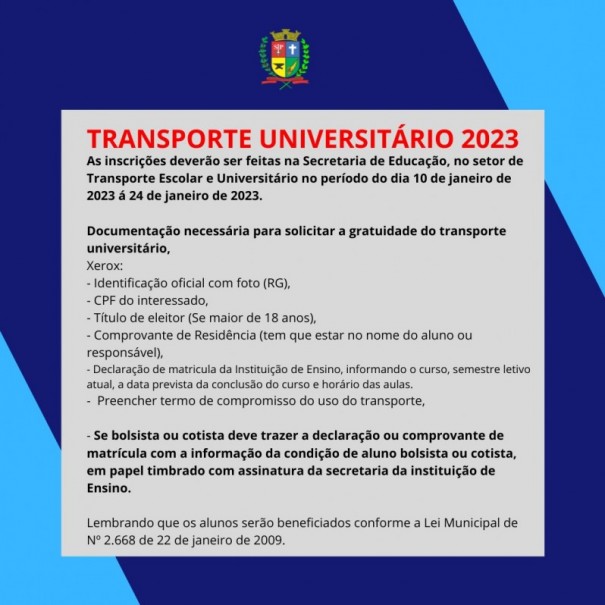 Prefeitura de Osvaldo Cruz anuncia inscries para o transporte universitrio de 2023