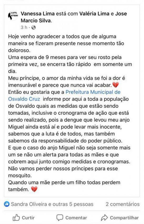 Me faz desabafo nas redes sociais sobre morte de filho e cobra aes da prefeitura no combate  dengue