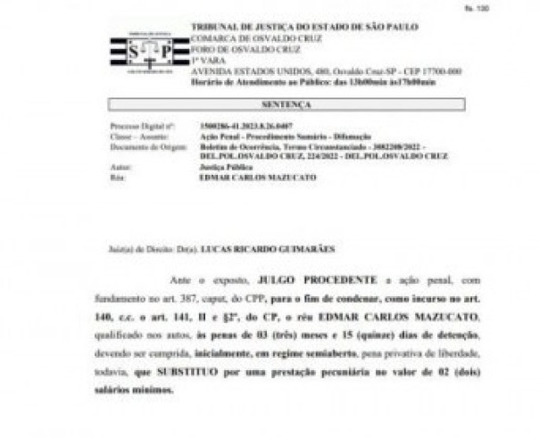 Justiça de Osvaldo Cruz condena ex-Prefeito Mazucato por injúria