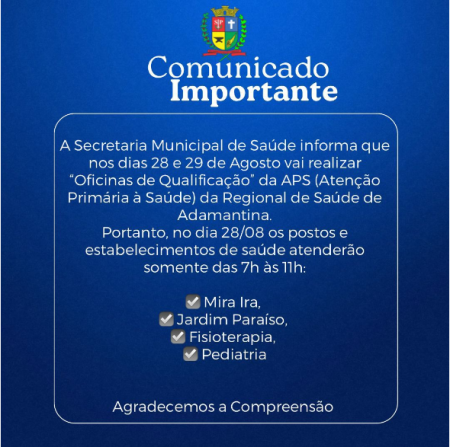 Oficinas de QualificaÃ§Ã£o da APS alteram horÃ¡rio de atendimento das Unidades de SaÃºde de OC