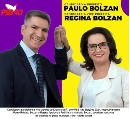 Casal de candidatos a prefeito e vice-prefeita desiste de disputar as EleiÃ§Ãµes 2024 em Dracena