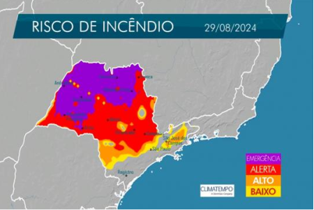 Defesa Civil de SP alerta para risco mÃ¡ximo de incÃªndios em quase todo o estado nos prÃ³ximos dias