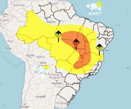 Inmet alerta para chuvas intensas em quase todas regiÃµes do Brasil