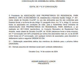 AssociaÃ§Ã£o dos ProprietÃ¡rios do Residencial Park Amarilis vai realizar Assembleia Geral OrdinÃ¡ria