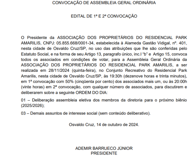 Associação dos Proprietários do Residencial Park Amarilis vai realizar Assembleia Geral Ordinária