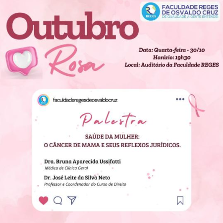 Faculdade Reges de Osvaldo Cruz realiza palestra com o tema Outubro Rosa nesta quarta-feira, 30