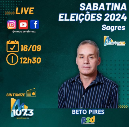 RÃ¡dio MetrÃ³pole FM realiza sabatinas com os candidatos Ã  Prefeitura de Sagres