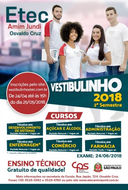 Etec Amim Jundi Centro Paula Souza anuncia inscrições para o Vestibulinho 2º semestre 2018 