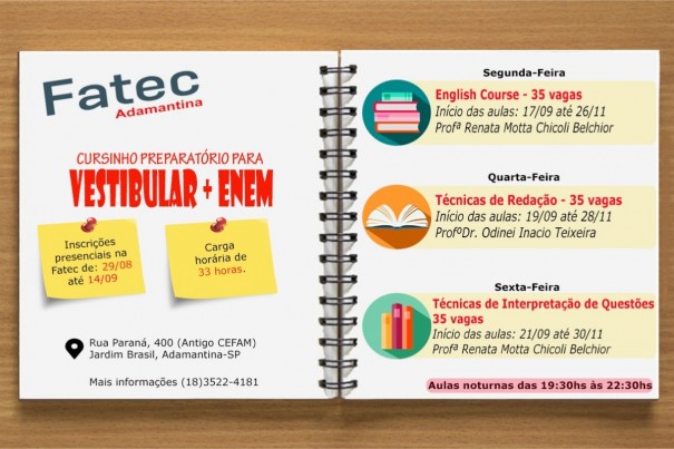 FATEC Adamantina abre cursinho gratuito preparatrio para vestibular e ENEM