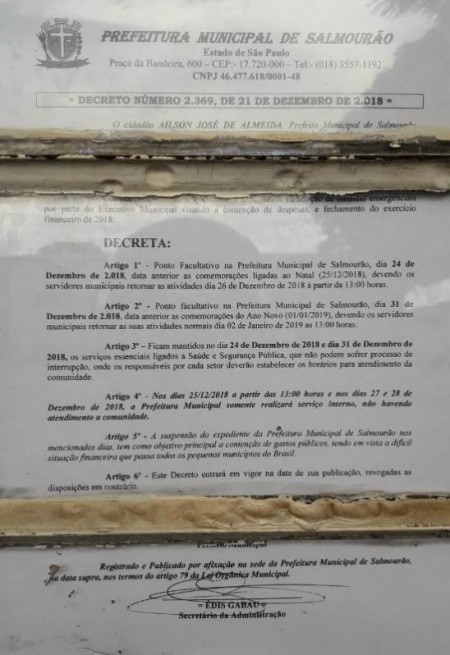 Prefeitura de Salmourão decreta ponto facultativo e suspende atendimento na última semana de 2018