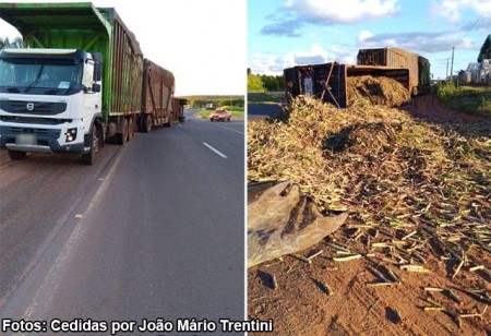 Semirreboque de caminhão canavieiro tomba e derrama parte da carga na pista da SP-294, em Iacri