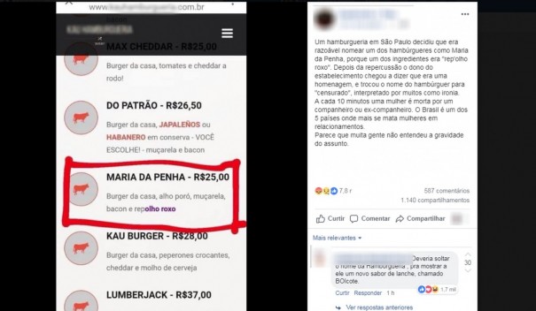 Hamburgueria causa polmica ao batizar lanche com repolho roxo de 'Maria da Penha'