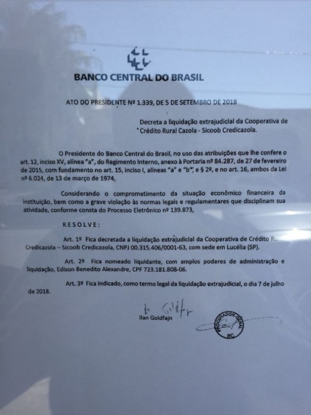 Banco Central decreta liquidao extrajudicial do Sicoob Credicazola de Parapu e Luclia