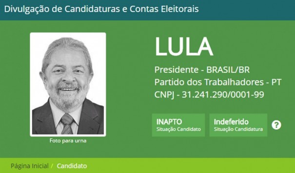 Site oficial do TSE indica Lula como 'inapto' e pedido de registro da candidatura como 'indeferido'